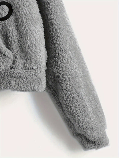 Fleece Hoodie mit Katzenohren und Tasche, flauschig, Grau