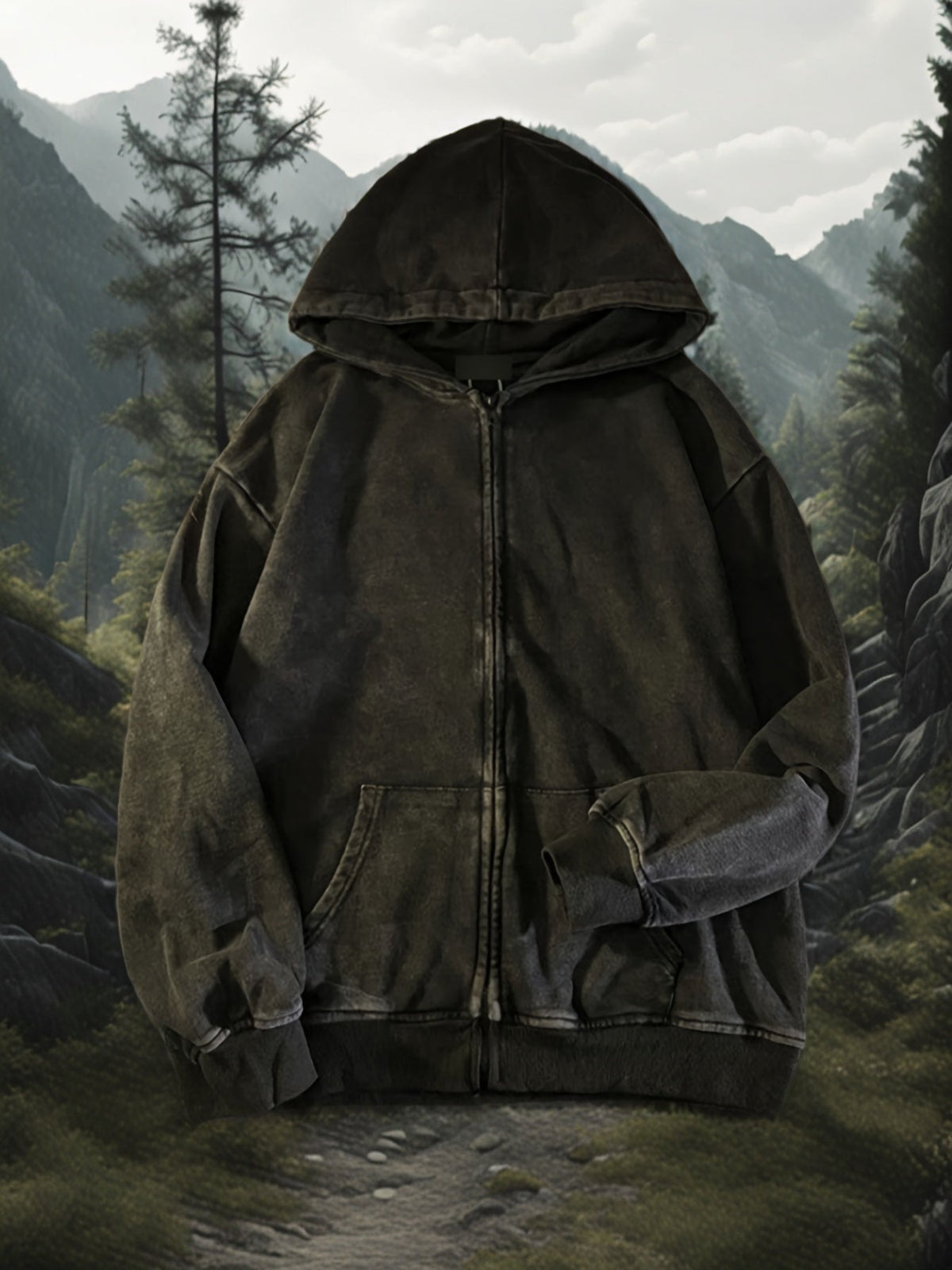 Kapuzenjacke mit Reißverschluss, verwaschener Look, Unisex, Anthrazit