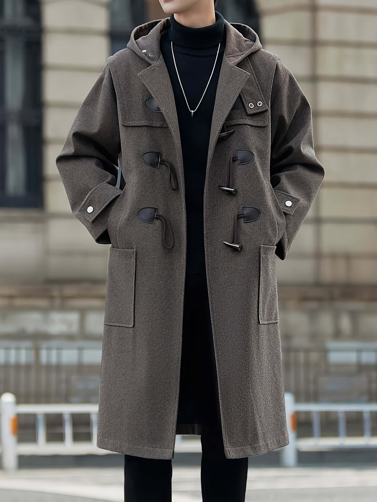 Herren Dufflecoat mit Kapuze und Knebelverschlüssen, Lang
