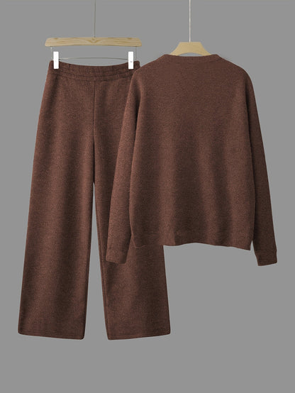 Damen Loungewear Set Pullover und Hose Braun mit Pferde-Stickerei