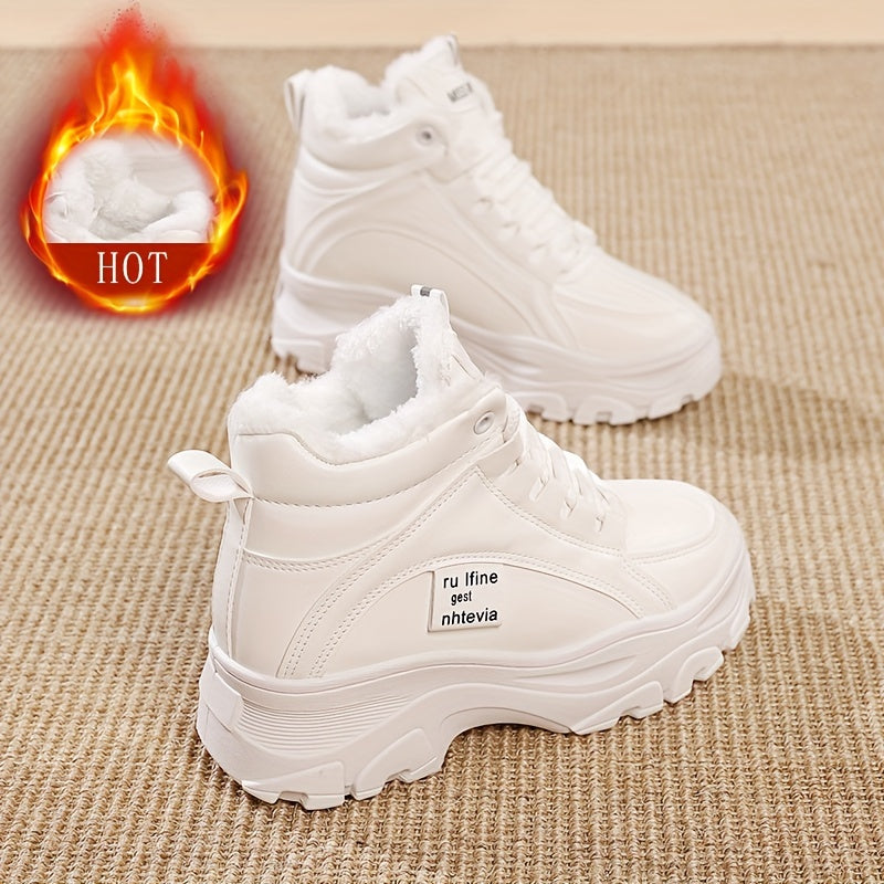 Damen Plateau Sneaker Stiefel Winter Weiß Beige Gefüttert Hoch Profilsohle