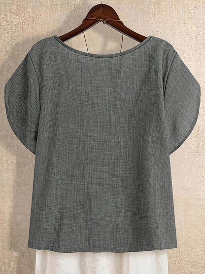 Damen Tunika Bluse mit asymmetrischem Ausschnitt und Knopfdetail – Künstlerischer Casual Look