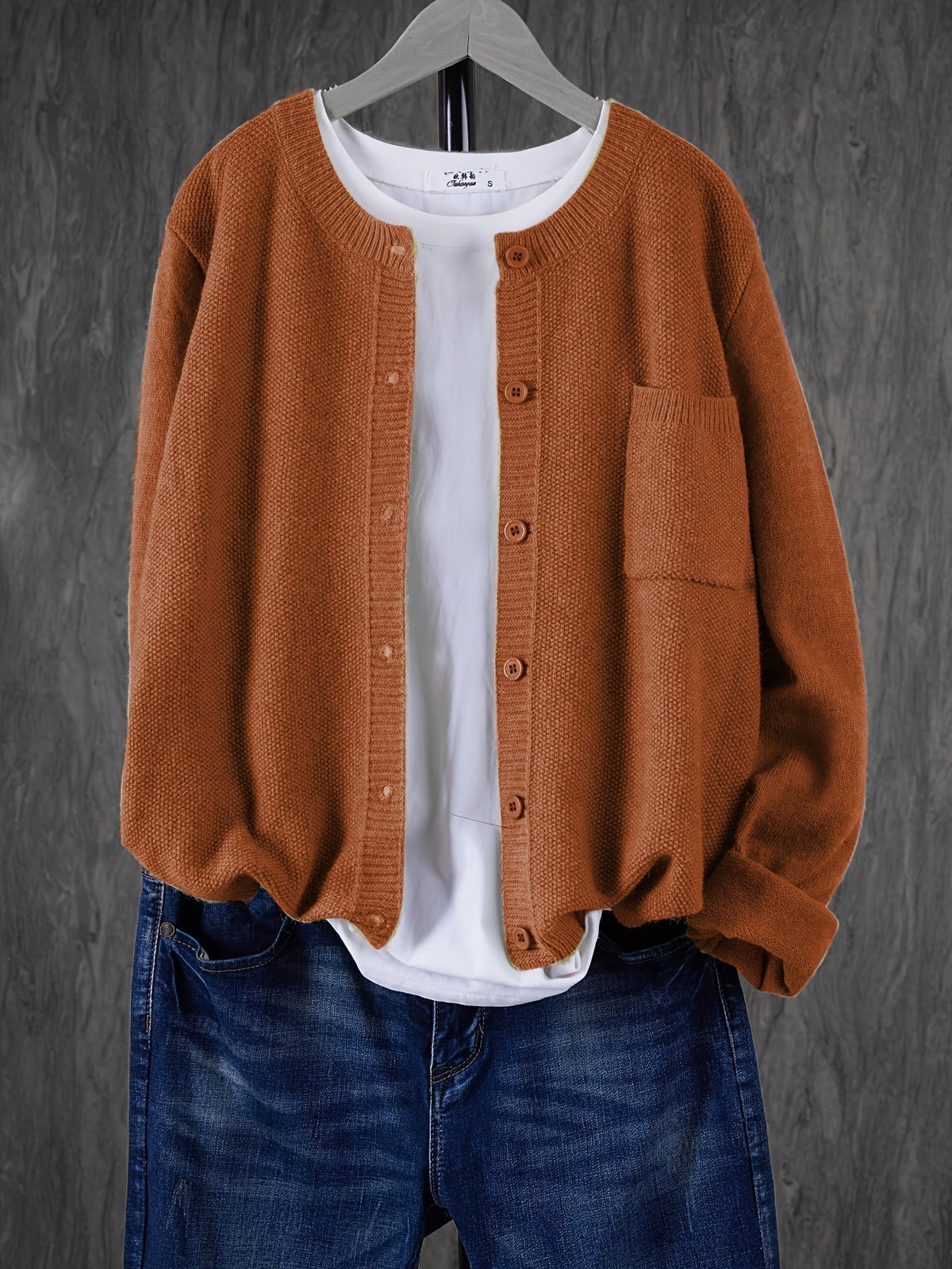Damen Strick Cardigan Rundhals Langarm Strickjacke mit Knöpfen und Brusttasche