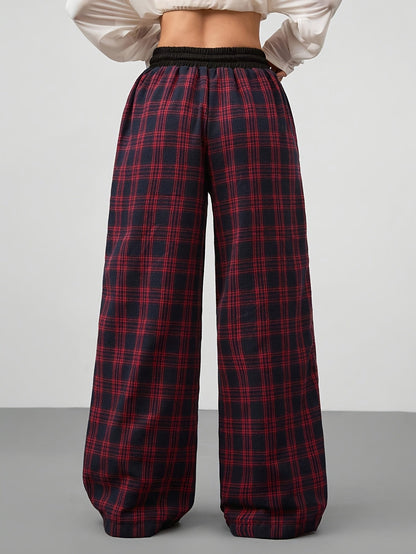 Damen Weite Loungehose mit Kordelzug im Karomuster – Bequeme Freizeithose für Alltag und Zuhause