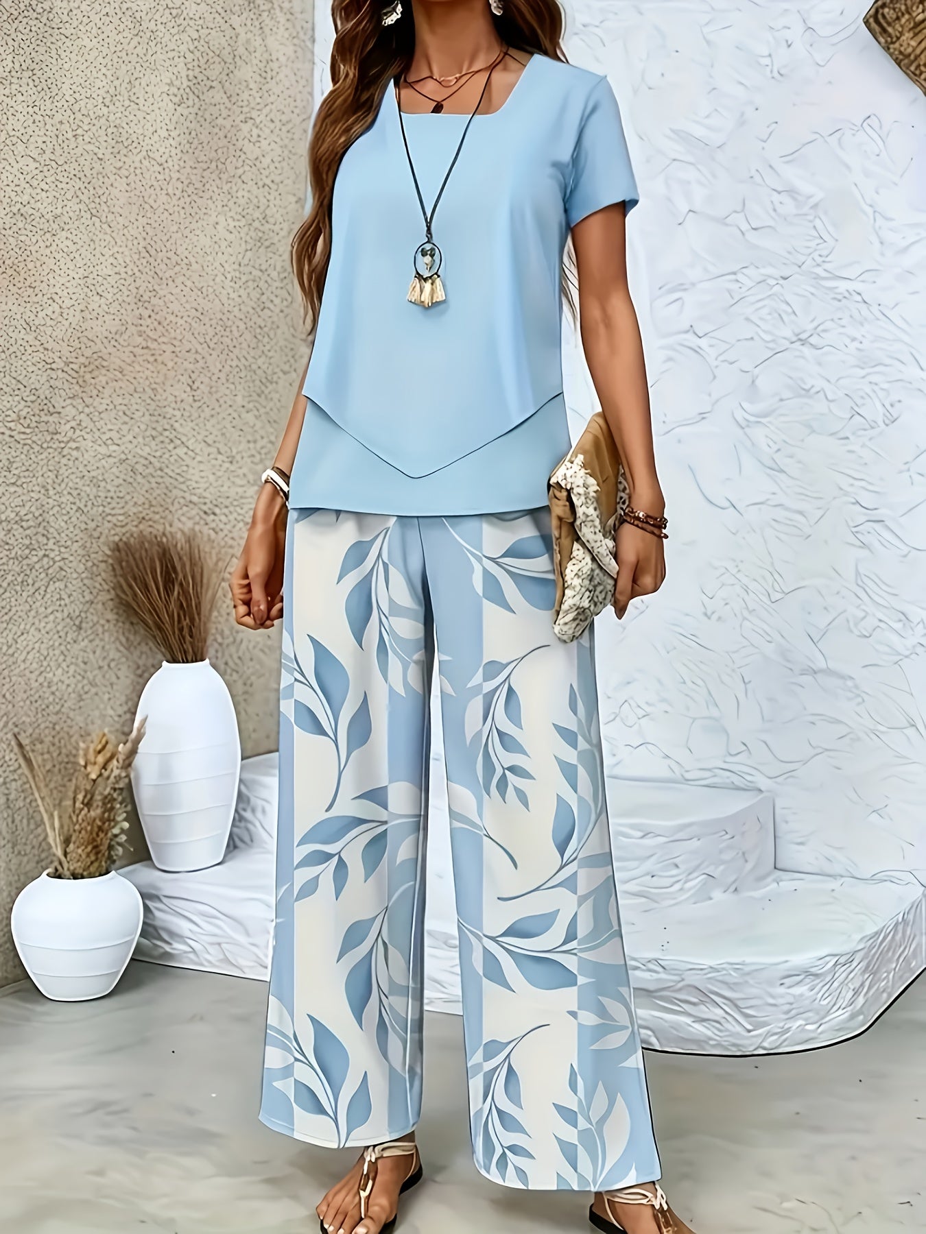 Damen Sommer Set Elegant Zweiteiler mit Weiten Hosen und Kurzarmshirt – Perfekt für Freizeit und Urlaub