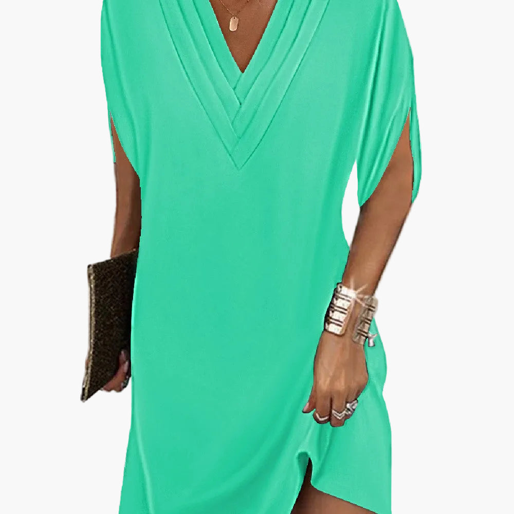 Damen Kleid Elegant mit V-Ausschnitt und Schlitzärmeln – Lockeres Sommerkleid für Alltag und Anlass