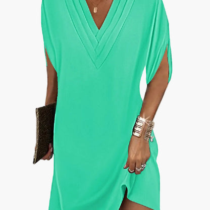 Damen Kleid Elegant mit V-Ausschnitt und Schlitzärmeln – Lockeres Sommerkleid für Alltag und Anlass
