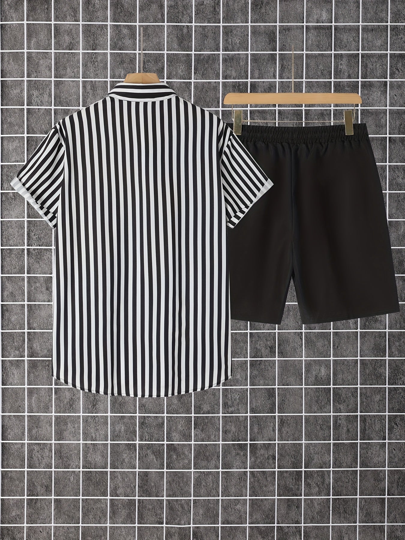 Herren Set mit Kurzarmhemd und Shorts, Modernes Streifen Design, Freizeit Outfit für Sommer und Urlaub