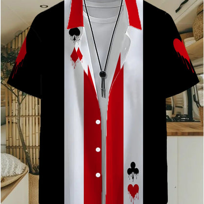Herren Freizeit Hemd mit Spielkarten-Motiv und modernem Print – Kurzarm, Knopfleiste, auffälliger Style
