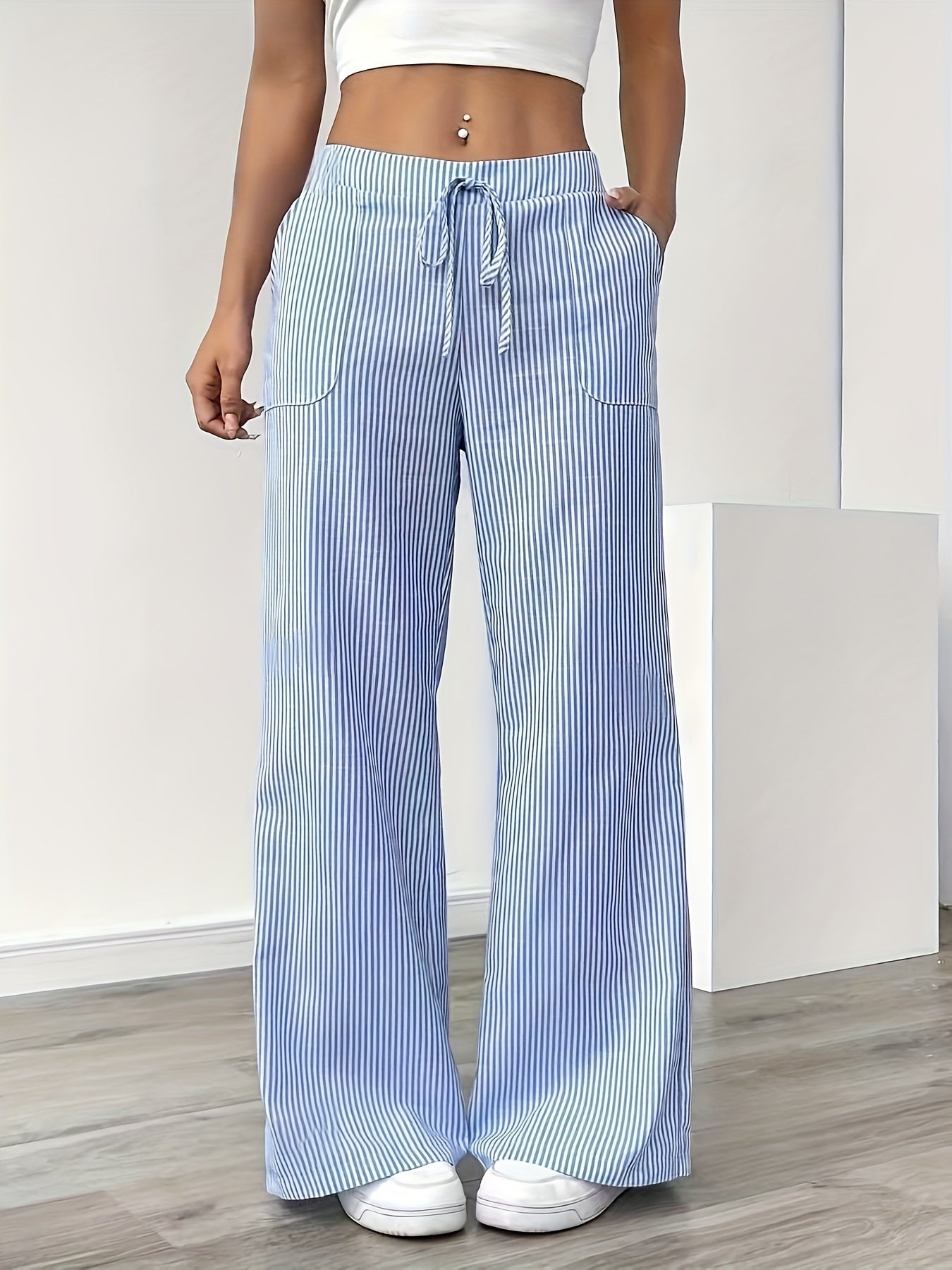 Damen Weite Casual Streifenhose mit Kordelzug – Komfortable Freizeithose für Alltag und Wochenende