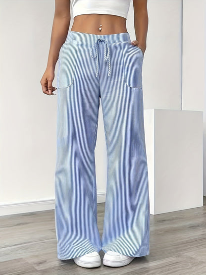 Damen Weite Casual Streifenhose mit Kordelzug – Komfortable Freizeithose für Alltag und Wochenende