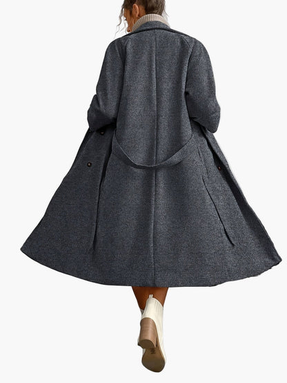 Damen Eleganter Wintermantel mit Gürtel – Langer Veganer Wollmantel für Büro und Alltag
