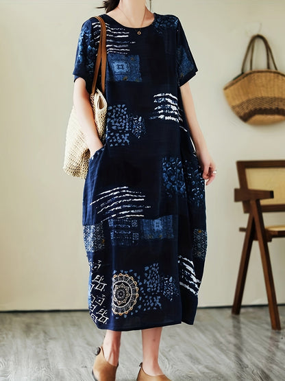 Damen Freizeitkleid mit geometrischem und botanischem Muster, lockerer Oversize-Stil, ideal für Alltag und Freizeit