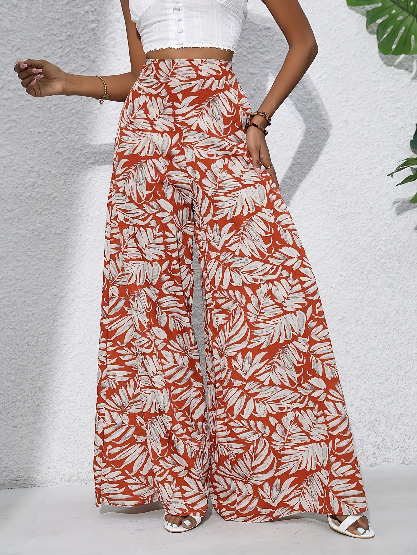 Damen Sommer Palazzo-Hose mit weitem Bein und tropischem Blätterprint – Perfekt für Strand und Freizeit