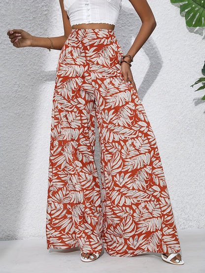 Damen Sommer Palazzo-Hose mit weitem Bein und tropischem Blätterprint – Perfekt für Strand und Freizeit