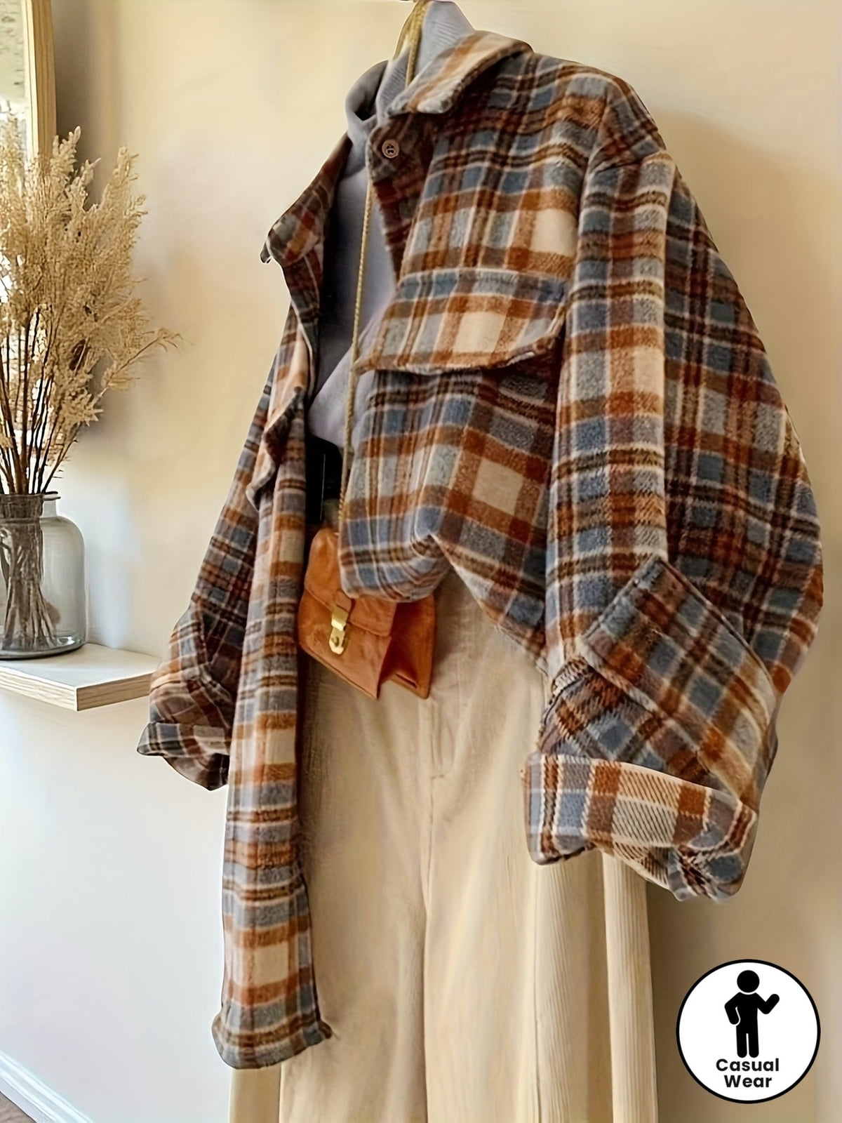 Kariertes Oversized Hemd Jacke für Damen in Braun Blau Beige