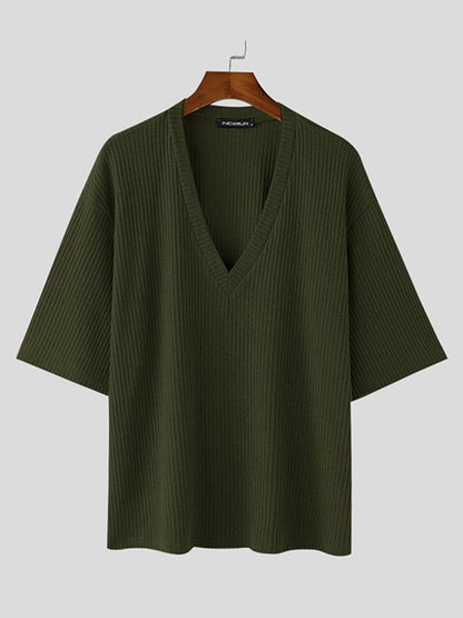 Herren Strickpullover V-Ausschnitt Kurzarm Rippstrick Lässig
