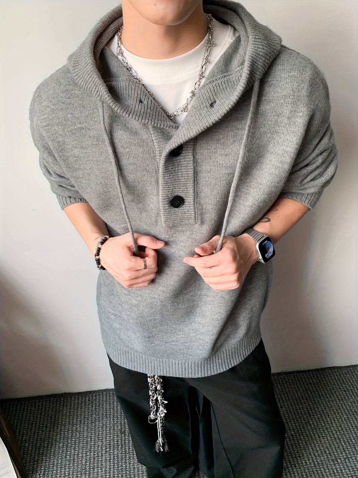 Herren Strick Hoodie Dunkelgrau mit Knopfleiste