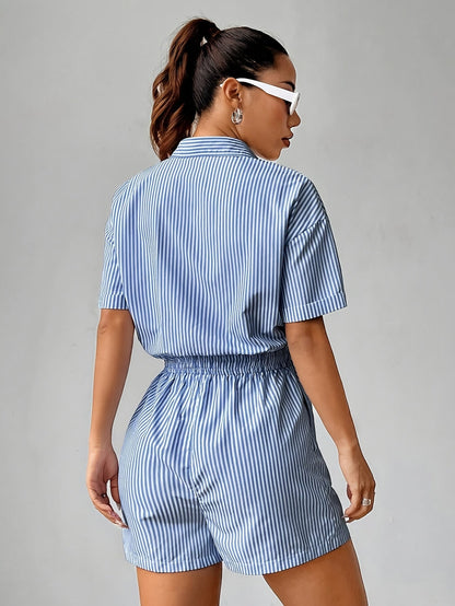 Damen Streifen Overall mit Hemdkragen und Kordelzug – Eleganter Einteiler für Alltag und Freizeit