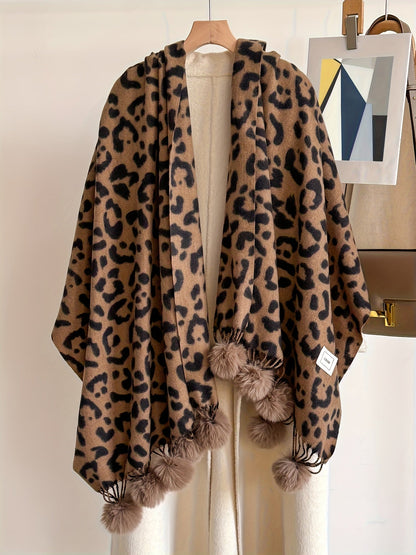 Damen Schal mit Leopardenmuster und Bommeln Weiches Material Animal Print Warmer Umhang