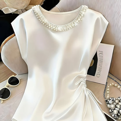 Damen Elegante Bluse mit Perlenkragen und Raffungsdetail – Stilvolles Kurzarm-Oberteil für festliche Anlässe oder Büro