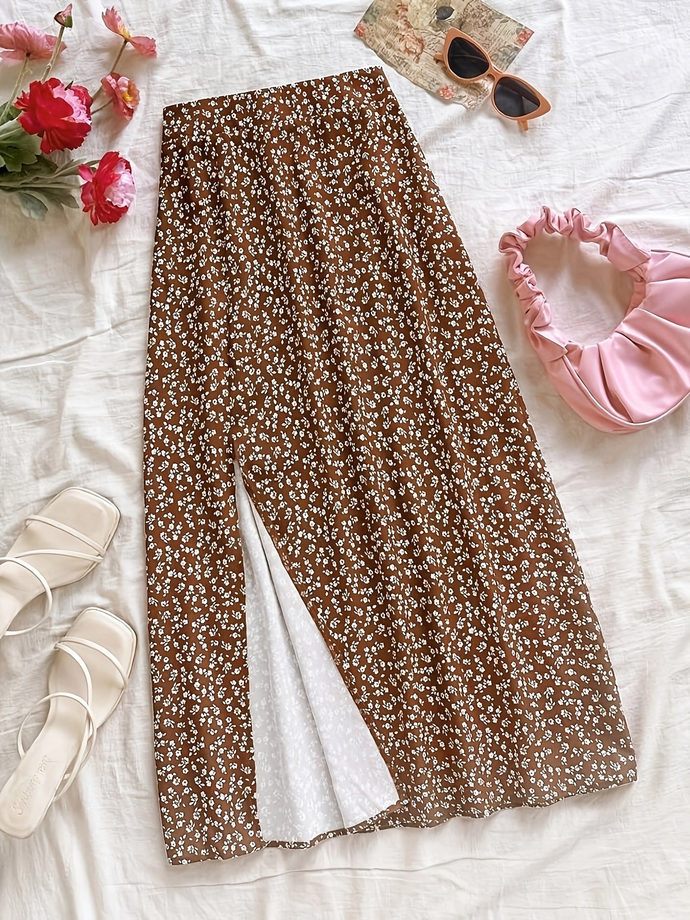 Damen Midirock mit Blumenmuster und Schlitz – Eleganter Freizeit- und Alltagsrock