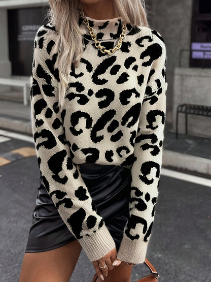 Damen Pullover mit Leopardenmuster, Stehkragen, Beige Schwarz