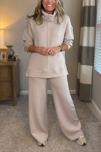 Damen Lounge Set Rollkragen Pullover & Weite Bein Hose Freizeitanzug