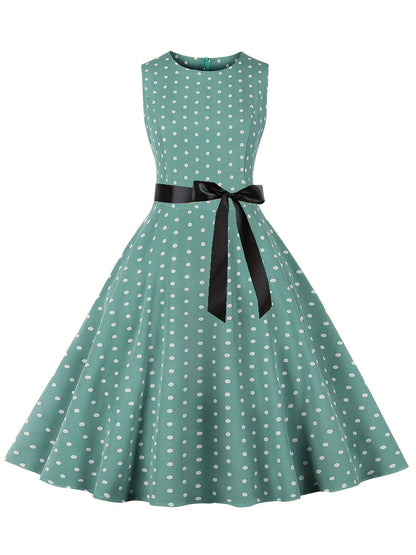 Damen Vintage Polka Dot Rockabilly Kleid mit Gürtel – Elegantes Retro Partykleid