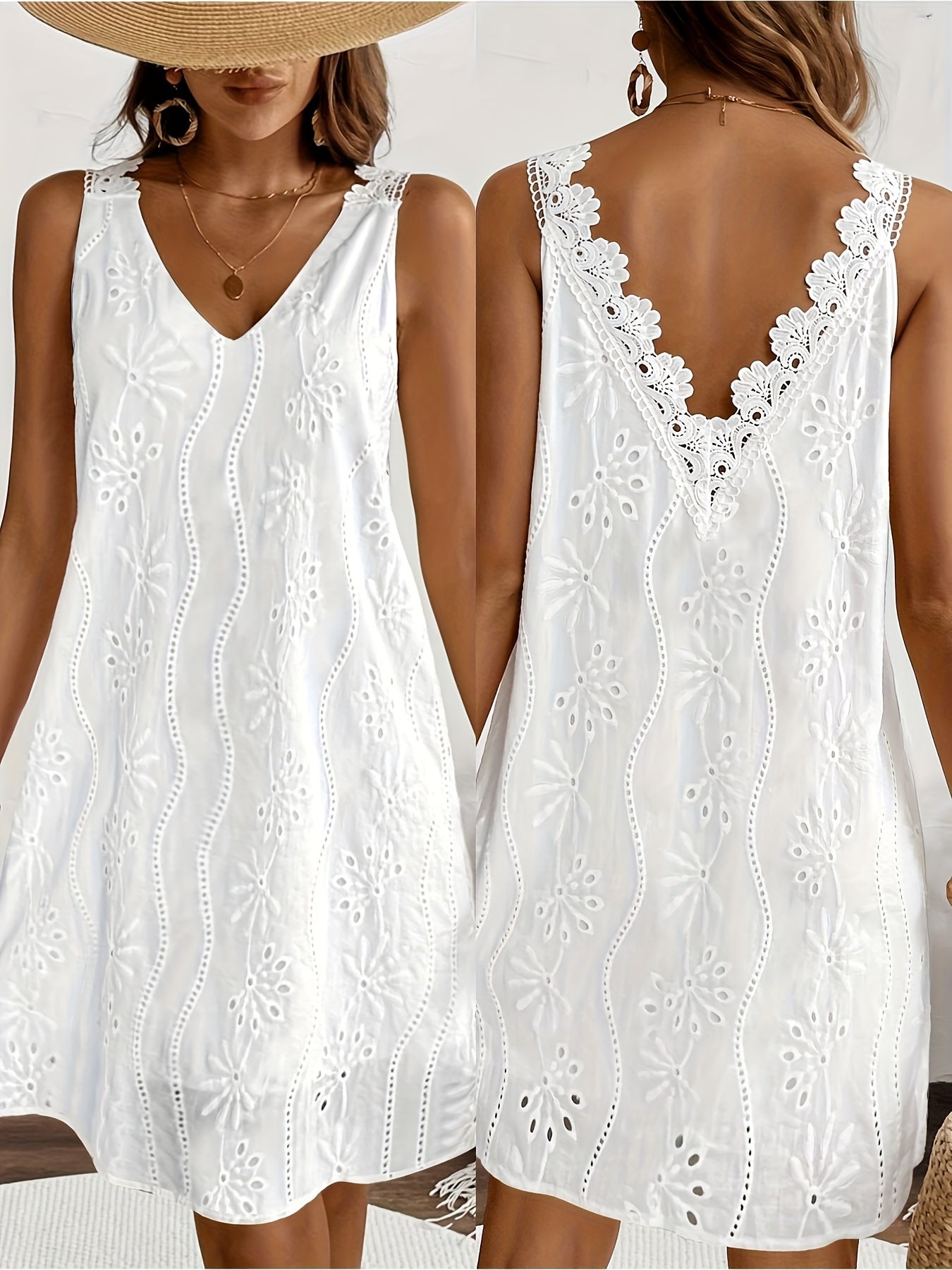 Damen Sommerkleid mit V-Ausschnitt und Spitzen-Details, Boho Stil, ideal für Strand und Freizeit