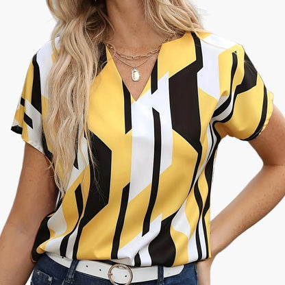 Damen Vintage Bluse mit geometrischem Muster, V-Ausschnitt, ideal für Büro und Freizeit