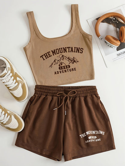 Damen Sport-Set Freizeit Top und Shorts mit Print – The Mountains Adventure, Sommer Loungewear