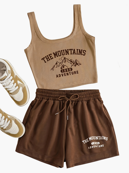 Damen Sport-Set Freizeit Top und Shorts mit Print – The Mountains Adventure, Sommer Loungewear