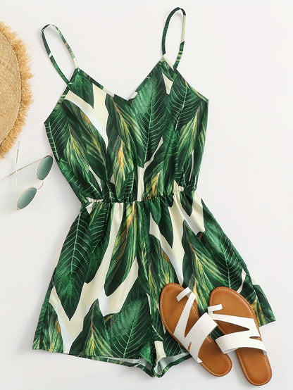 Damen Sommer-Jumpsuit mit tropischem Blätter-Print – Trendiger Einteiler für Urlaub, Strand & Freizeit
