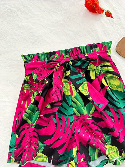 Damen Sommer-Set mit Top und tropischen Paperbag-Shorts – Modisches Urlaubsoutfit