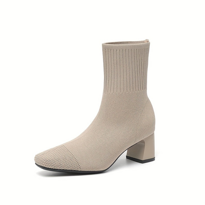 Damen Gestrickte Stiefeletten Blockabsatz Beige Spitz zulaufend Stretch Kurzstiefel
