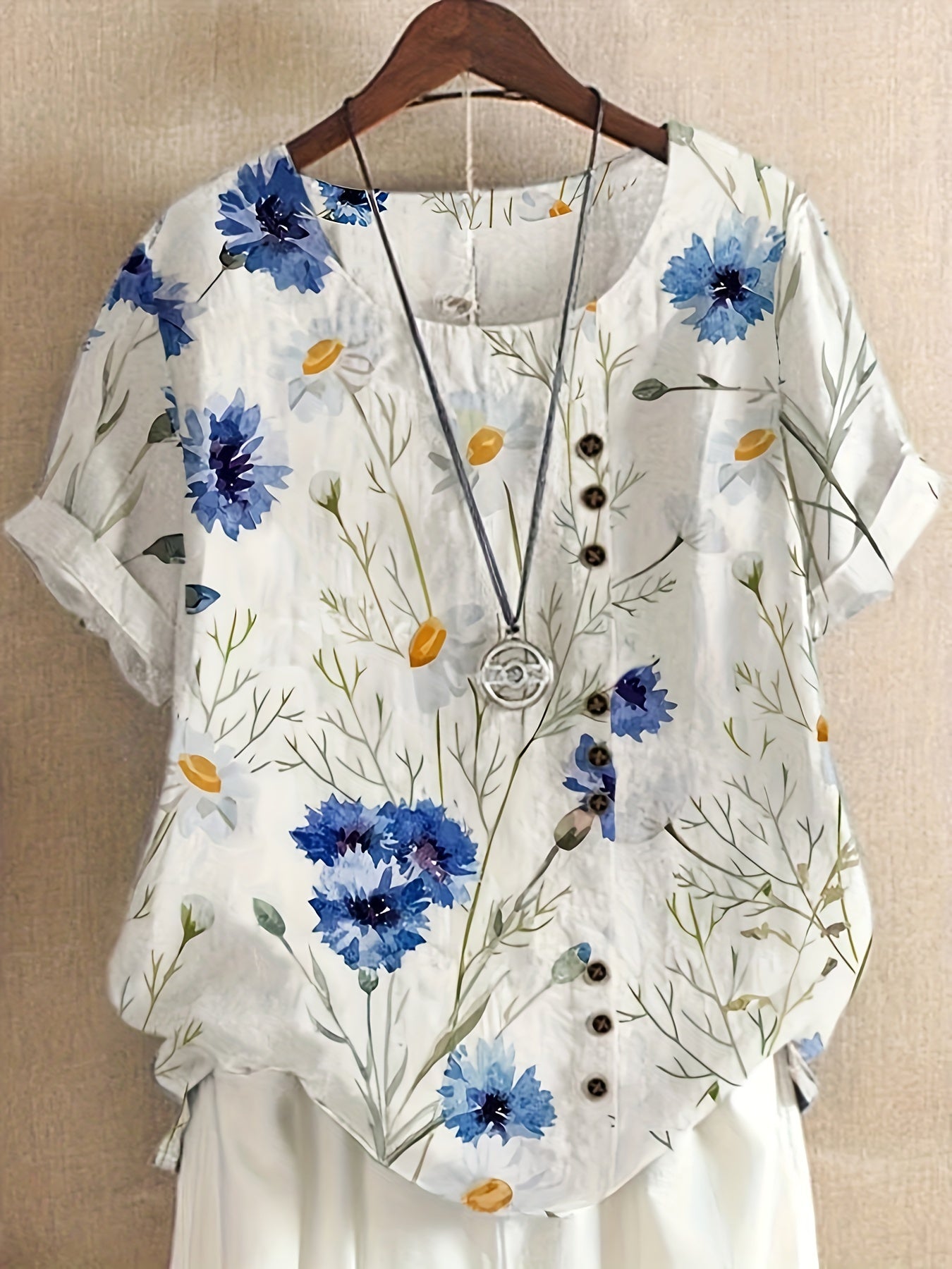 Damen Vintage Bluse mit Blumenmuster und Knopfleiste – Sommer Freizeit Oberteil