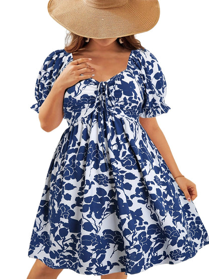 Damen Sommerkleid Elegant Fit & Flare mit Blumenmuster und Puffärmeln – Perfekt für Urlaub und Freizeit