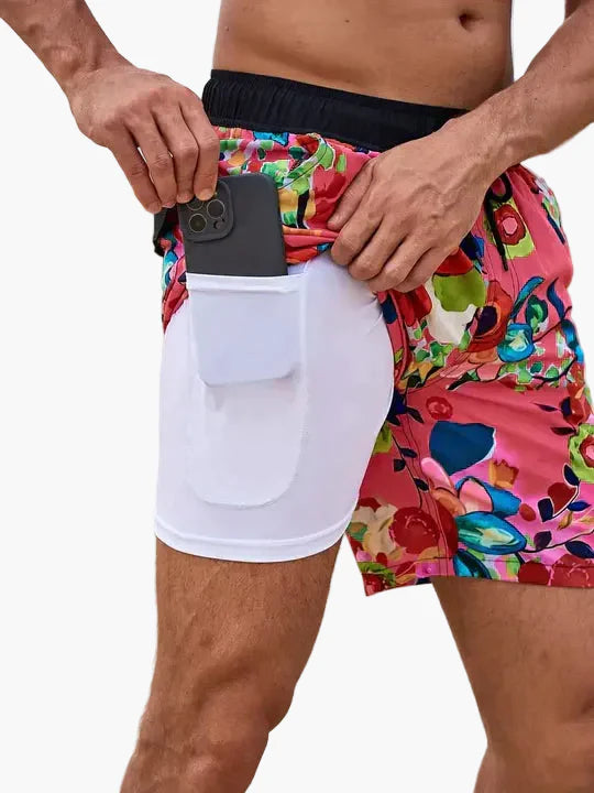 Herren Badeshorts mit Kompressions-Innenshorts – Moderne, schnell trocknende Swimshorts mit tropischem Muster für Strand & Sport