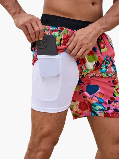 Herren Badeshorts mit Kompressions-Innenshorts – Moderne, schnell trocknende Swimshorts mit tropischem Muster für Strand & Sport
