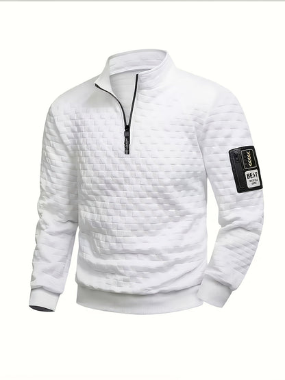 Herren Stehkragen Pullover mit Reißverschluss, gesteppt, Schwarz