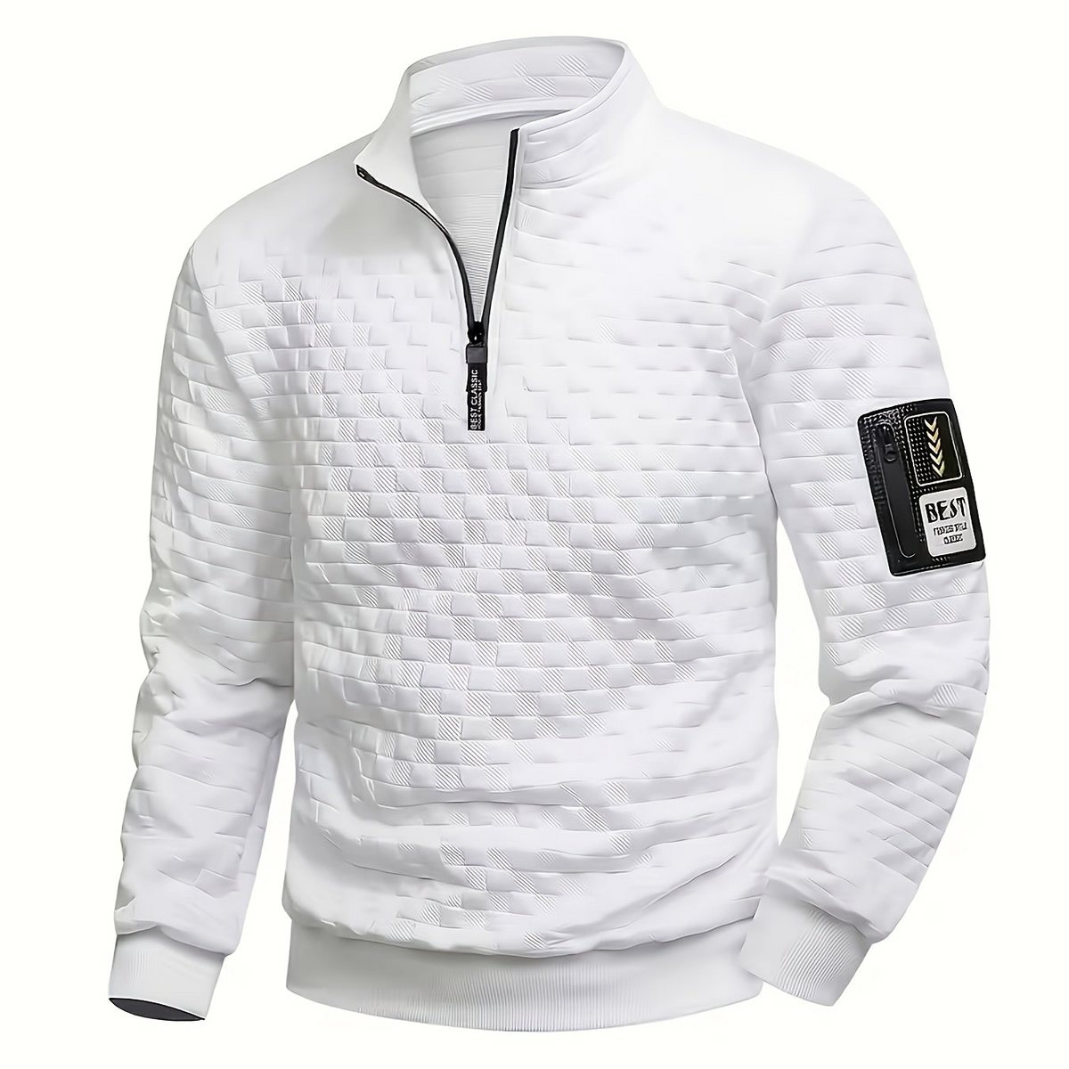 Herren Stehkragen Pullover mit Reißverschluss, gesteppt, Schwarz