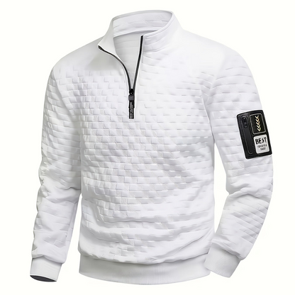 Herren Stehkragen Pullover mit Reißverschluss, gesteppt, Schwarz