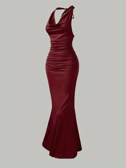 Damen Elegantes Abendkleid mit Wasserfallausschnitt und Rückenbindung – Figurbetontes Maxikleid für besondere Anlässe