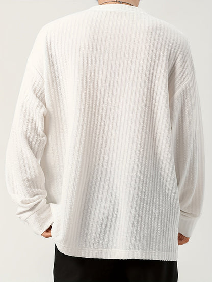 Herren Langarmshirt mit V-Ausschnitt, strukturiert, in Creme-Weiß