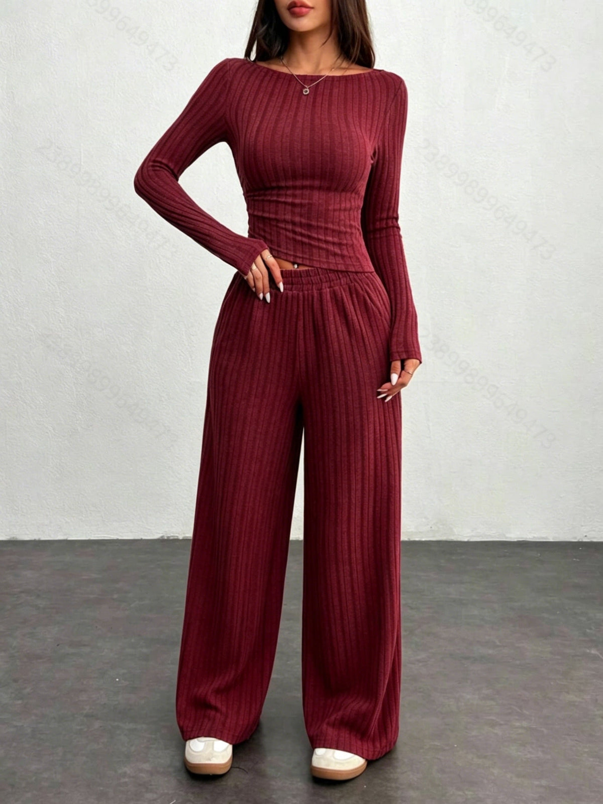 Damen Rippstrick-Set mit langärmligem Crop-Top und weiten Hosen, Grau