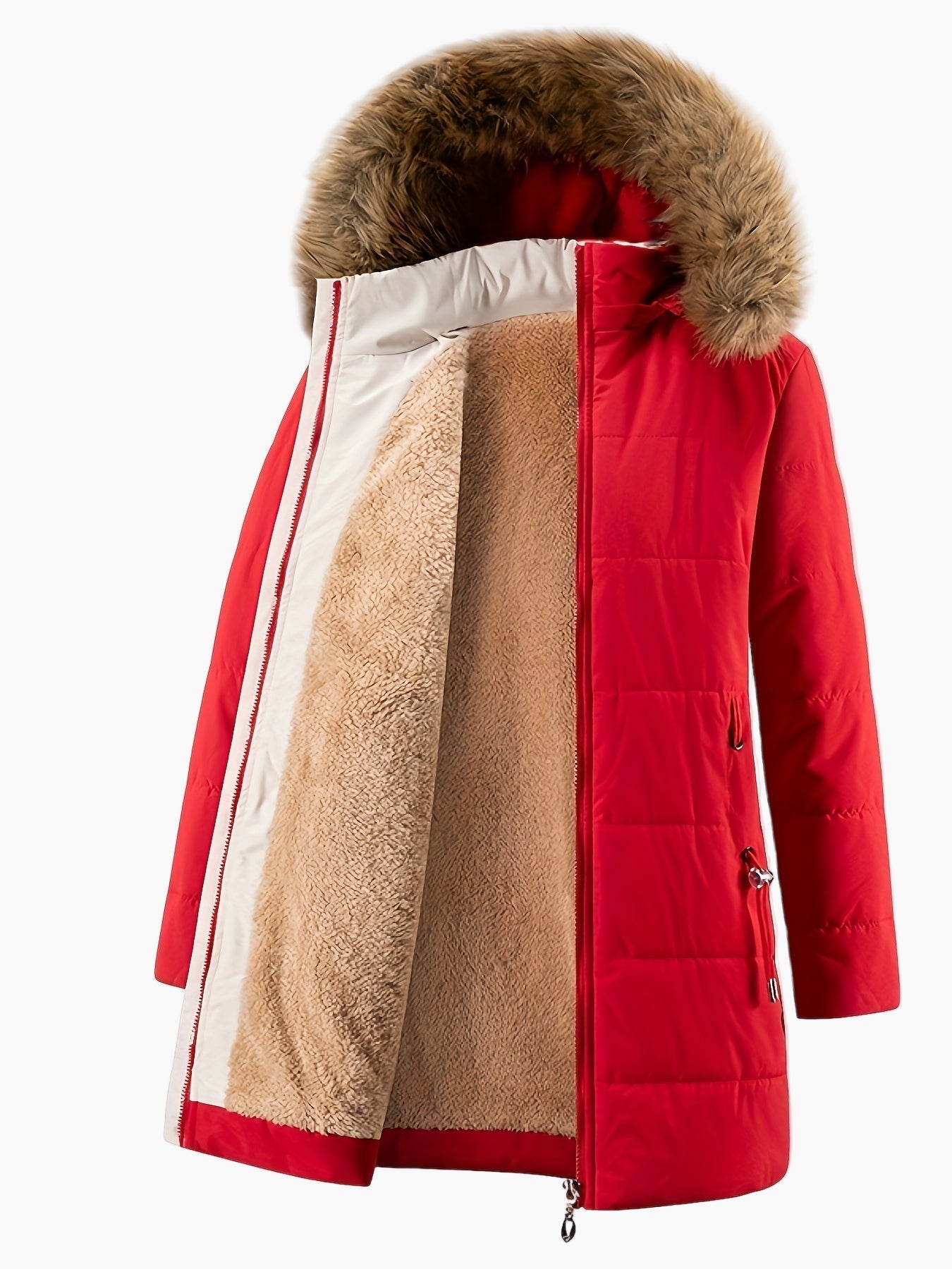 Damen Winter Steppmantel mit Kunstfellkapuze und Teddyfutter – Eleganter Alltagsmantel für kalte Tage