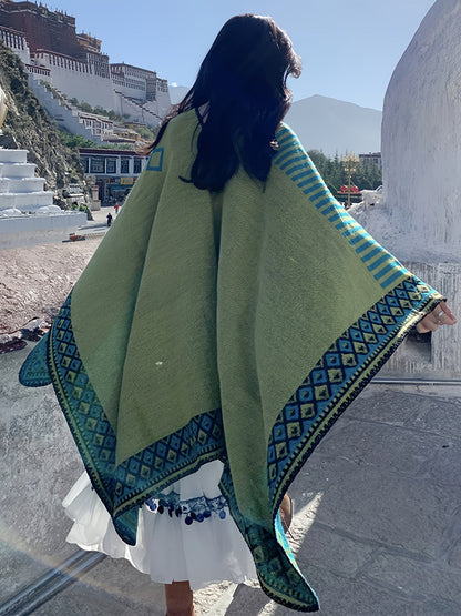 Poncho Damen Reversible Grüntöne Gestreift & Karomuster