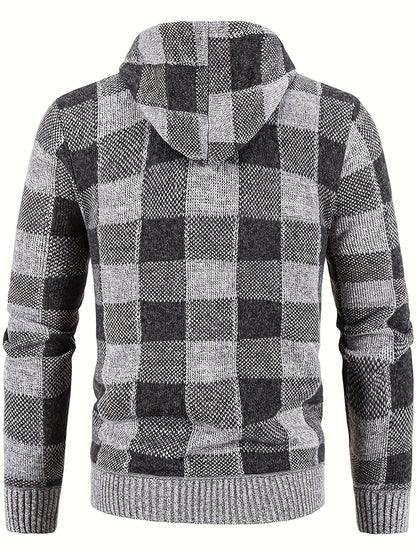 Herren Hoodie mit Reißverschluss, kariert, gefüttert, warm, Braun Schwarz