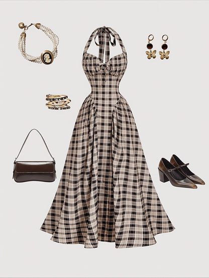 Damen Vintage Cocktailkleid mit Halterneck und Faltenrock – Eleganter Retro-Stil für besondere Anlässe